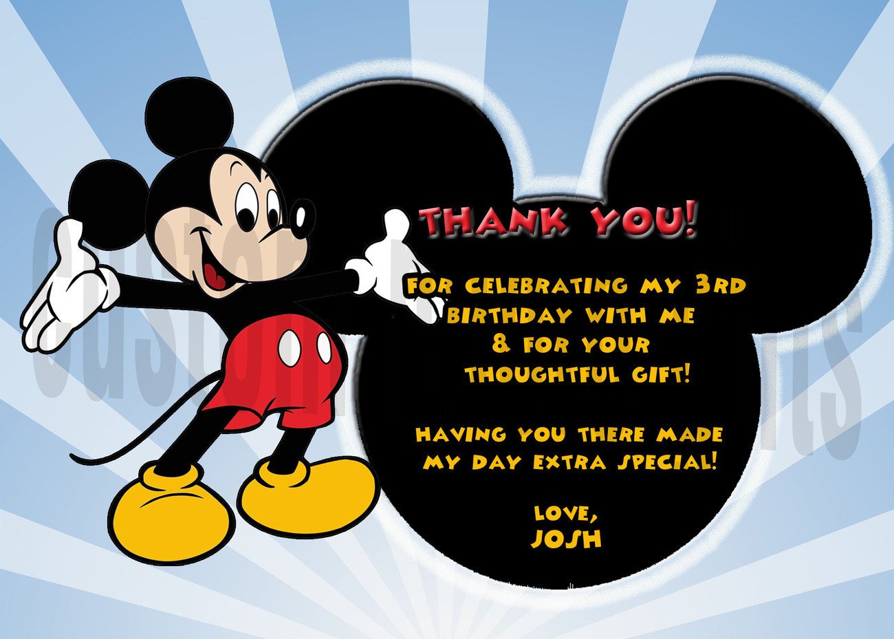 Mickey Mouse Thank You Images Personalized Mickey Mouse Birthday Thank You Card Digital