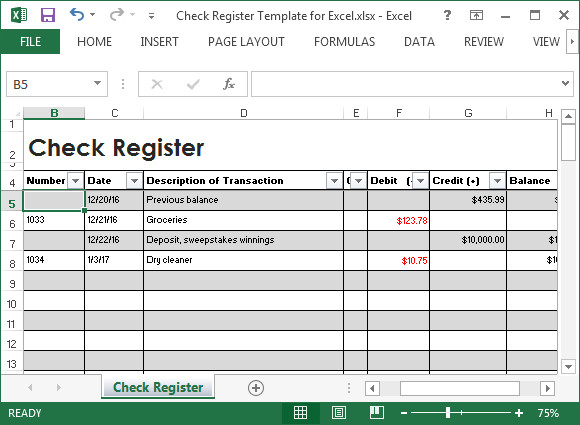 Microsoft Excel Checkbook Template Check Register Template for Excel
