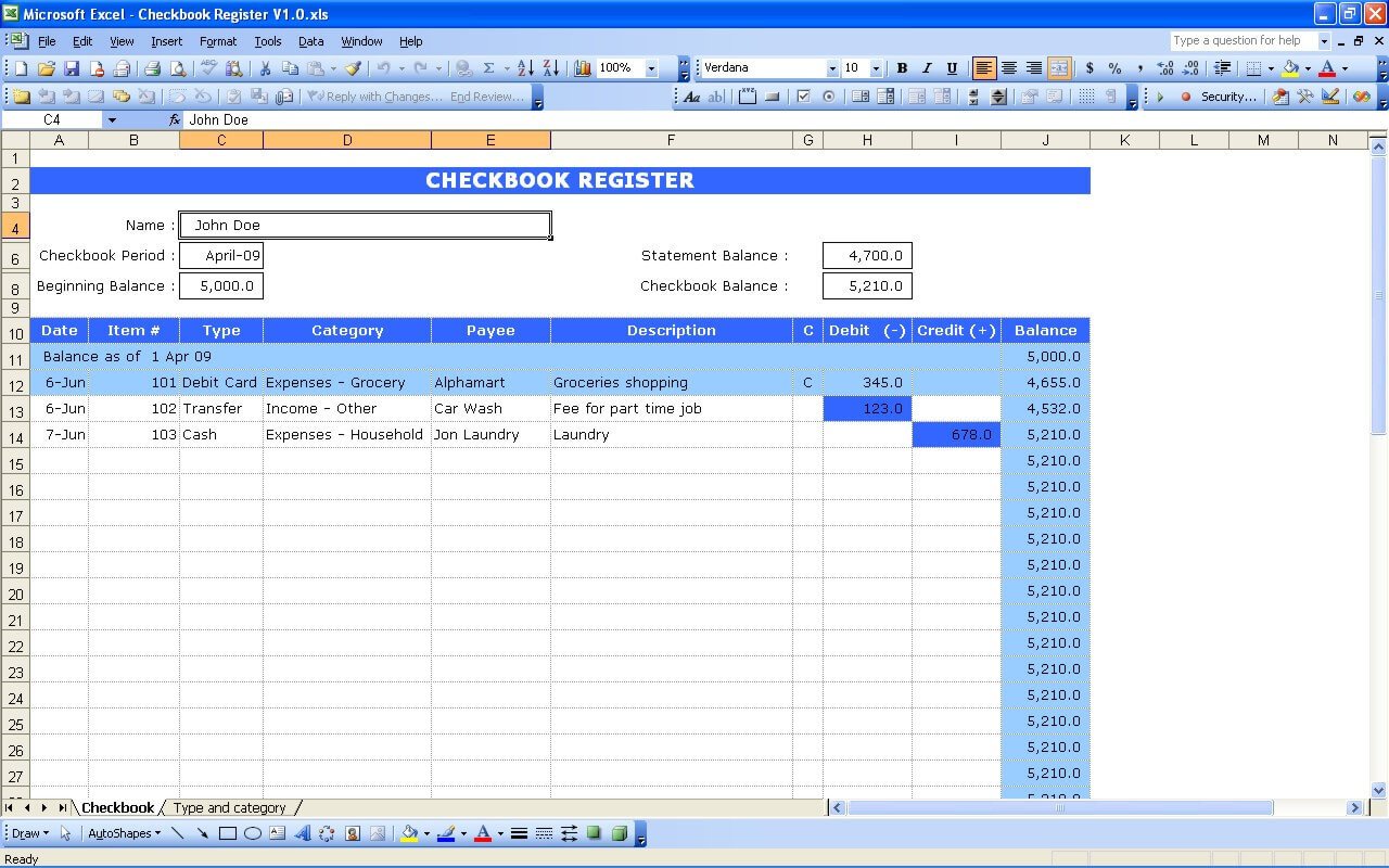 Microsoft Excel Checkbook Template Checkbook Register