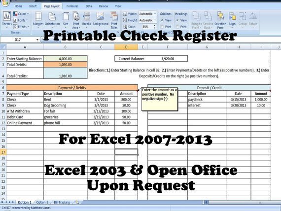 Microsoft Excel Checkbook Template Checkbook Register Spreadsheet Check Register Template