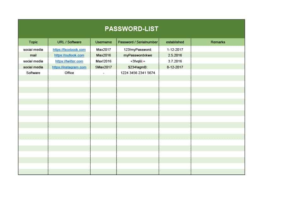 Microsoft Excel Password Template 39 Best Password List Templates Word Excel &amp; Pdf
