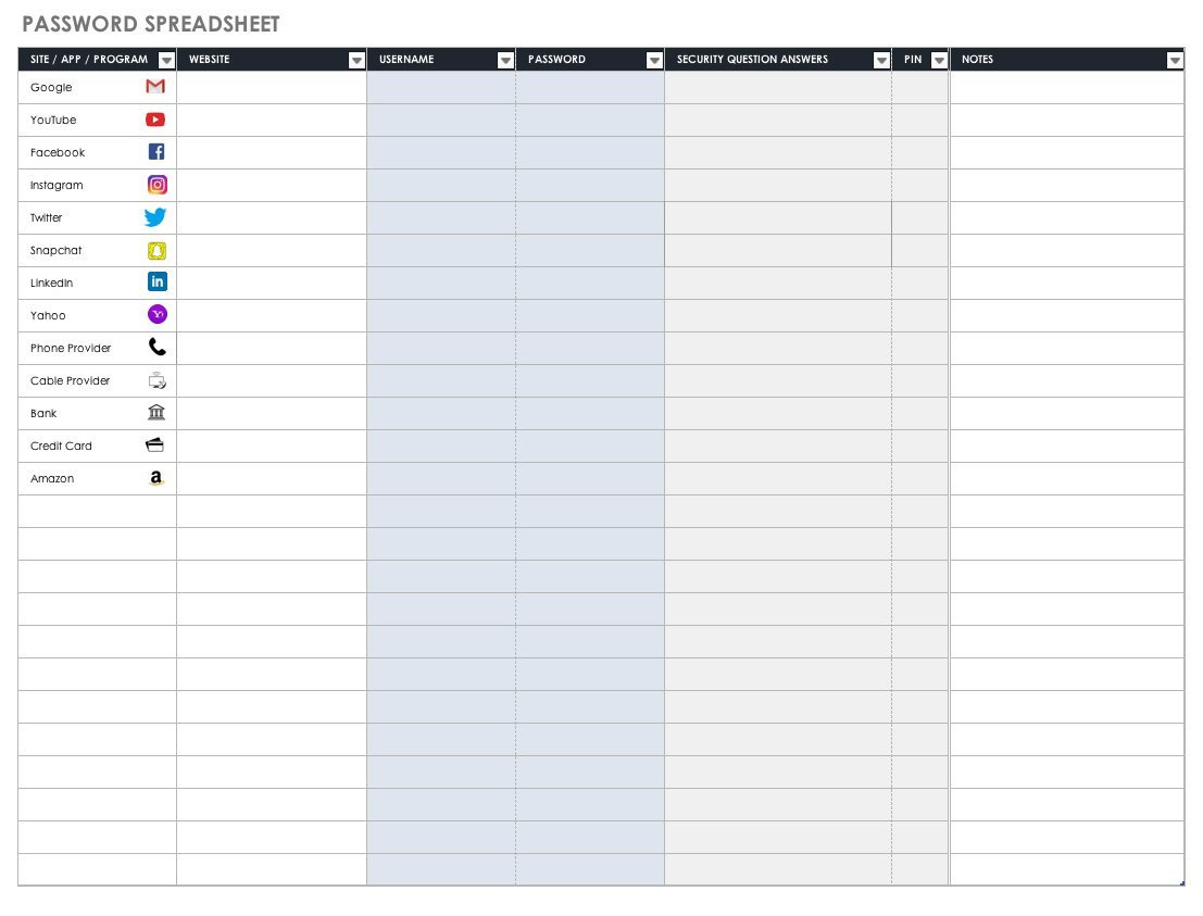 Microsoft Excel Password Template Free Password Templates and Spreadsheets