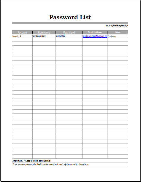 Microsoft Excel Password Template Ms Excel Editable Printable Password List Template
