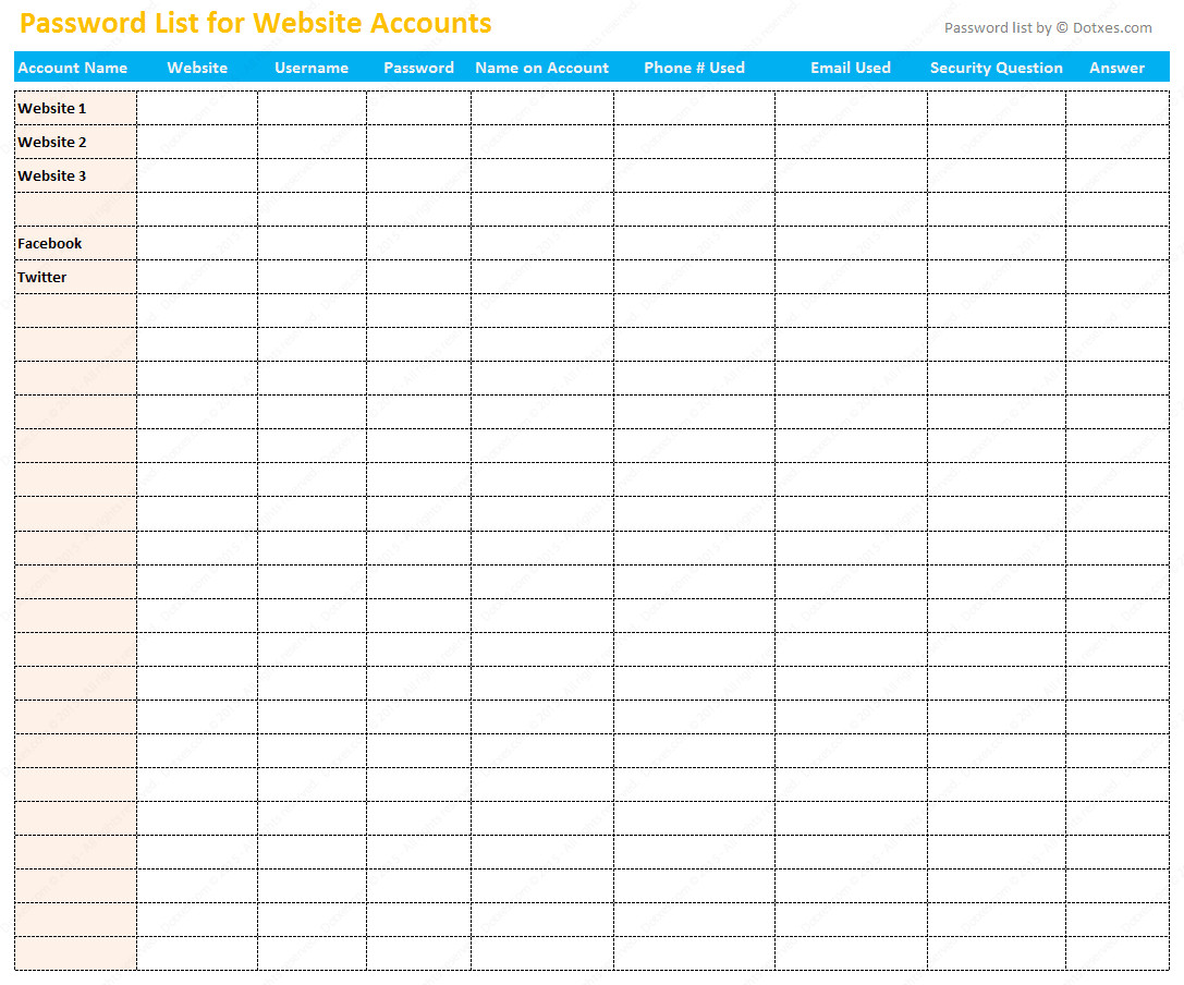 Microsoft Excel Password Template Password List Template Excel Dotxes