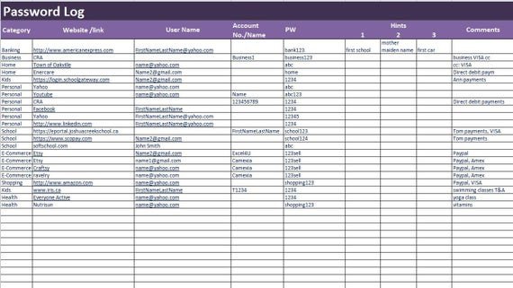 Microsoft Excel Password Template Password Log Excel and Pdf Template Password Tracker