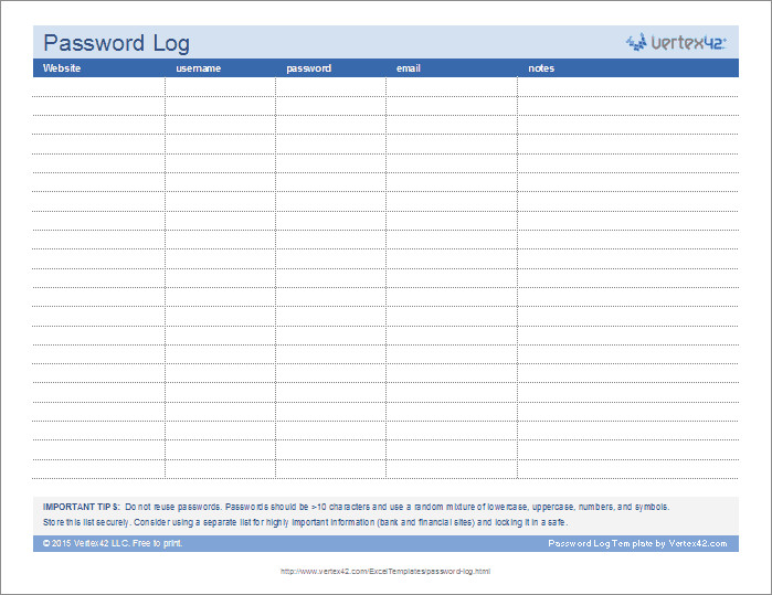 Microsoft Excel Password Template Password Log Template