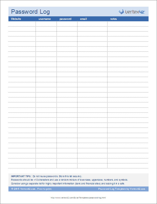 Microsoft Excel Password Template Password Log Template