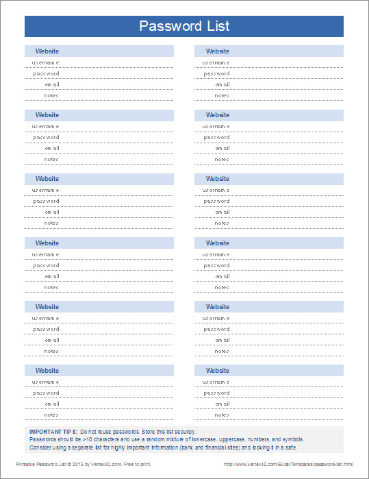 Microsoft Excel Password Template Printable Password List