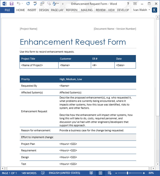 Microsoft Word forms Template Enhancement Request form – Word Template – software Testing