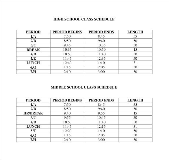 Middle School Schedule Template Class Schedule Template 36 Free Word Excel Documents