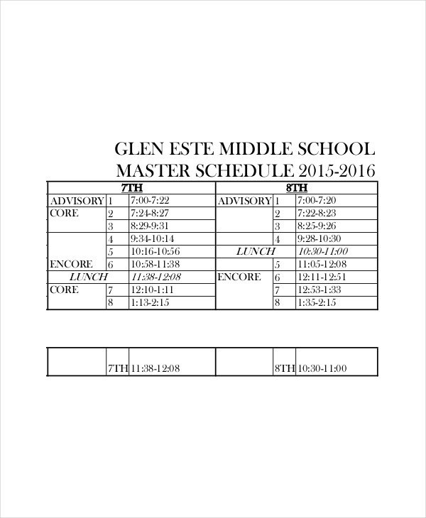 Middle School Schedule Template Master Schedule Template 11 Free Word Pdf Documents