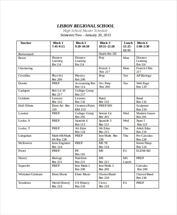 Middle School Schedule Template Master Schedule Template 11 Free Word Pdf Documents
