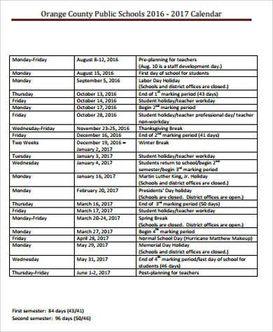 Middle School Schedule Template Sample School Calendar 9 Examples In Word Pdf