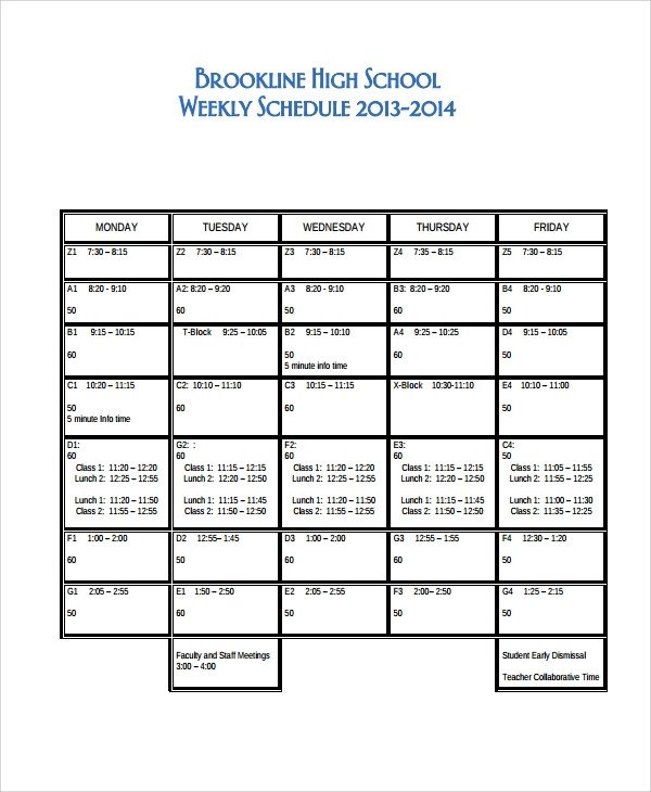Middle School Schedule Template Sample School Schedule Template 11 Free Documents