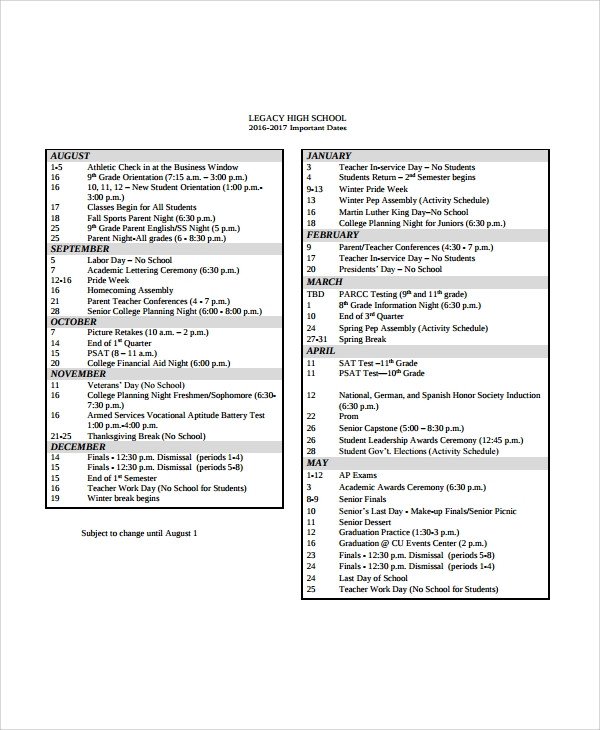 Middle School Schedule Template Sample School Schedule Template 11 Free Documents