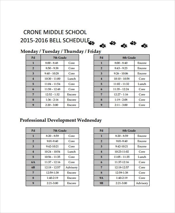 Middle School Schedule Template Sample School Schedule Template 11 Free Documents