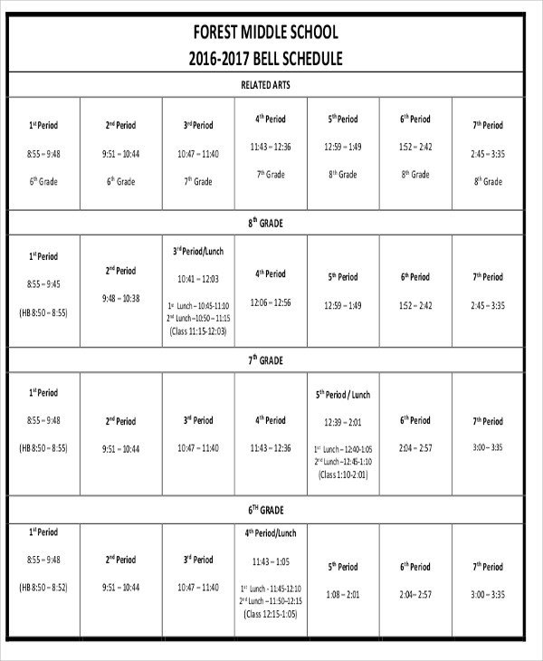 Middle School Schedule Template School Schedule Templates 10 Free Samples Examples