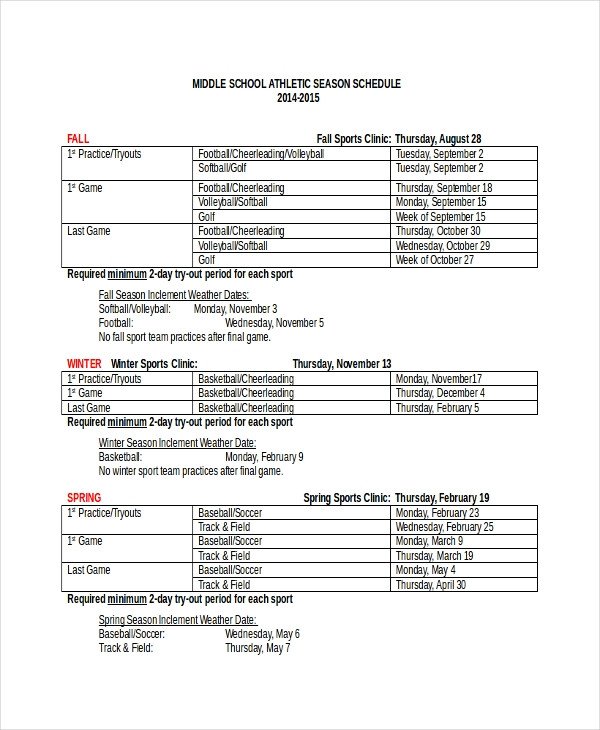 Middle School Schedule Template Sports Schedule Template 13 Free Word Pdf Documents
