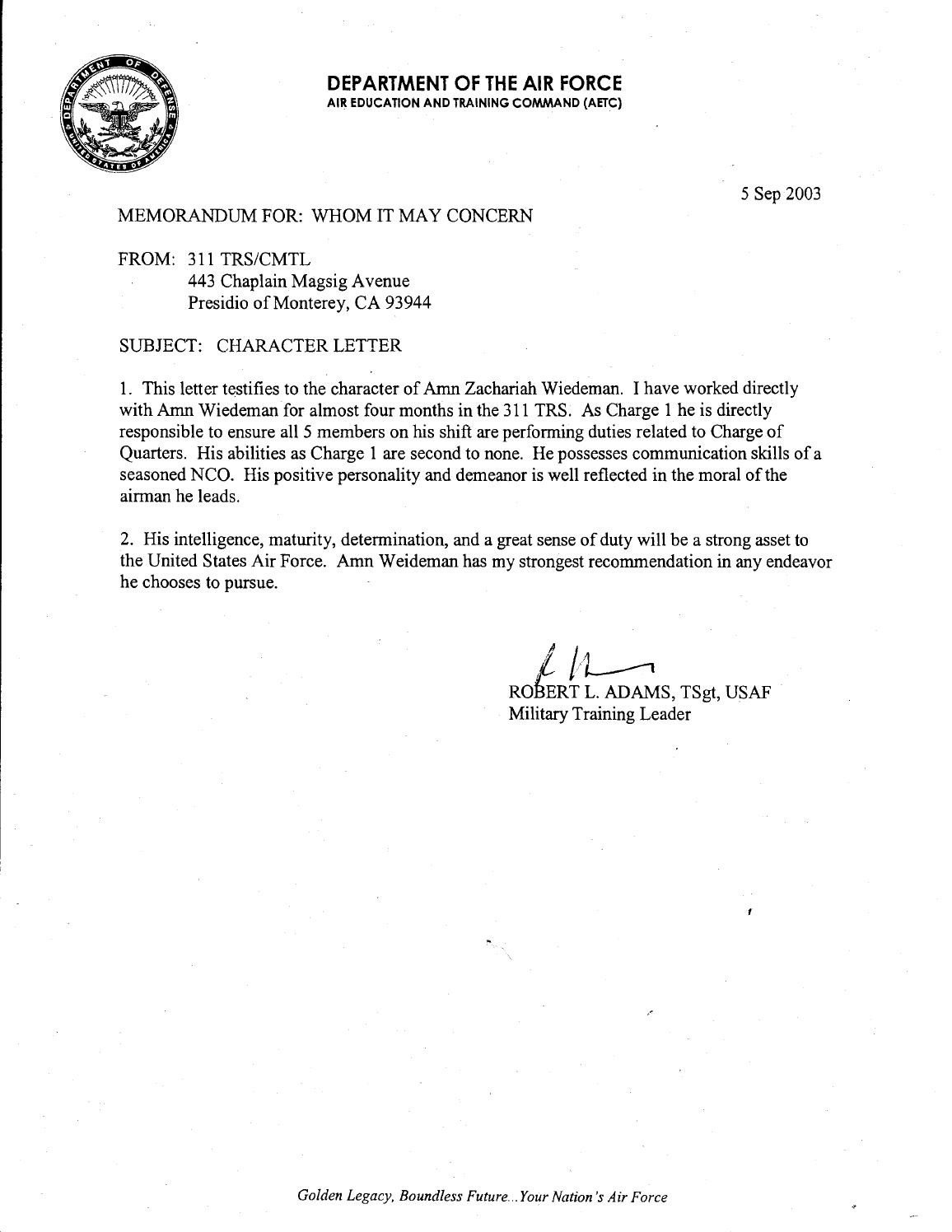 Military Character Reference Letter Character Letter United States Air force by Zachariah
