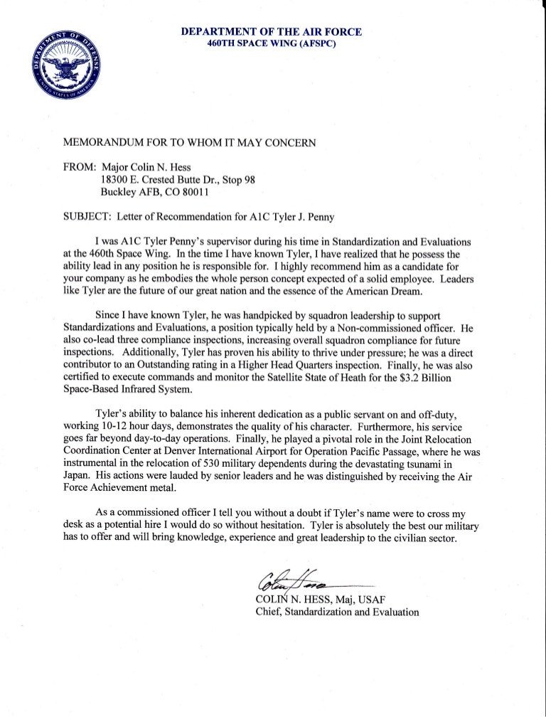 Military Character Reference Letter Letter Of Re Mendation Major Hess
