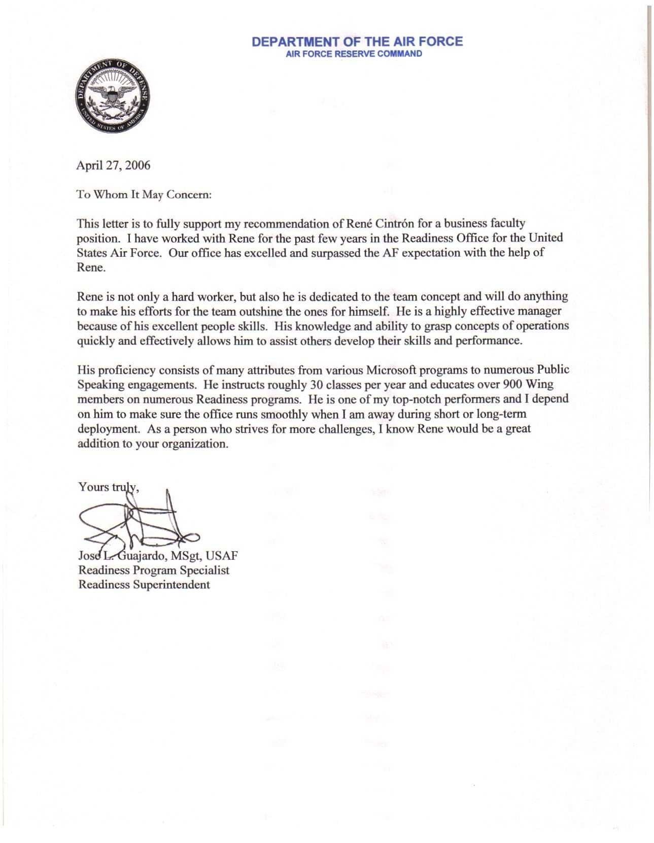 Military Character Reference Letter New Letter Re Mendation Template Air force