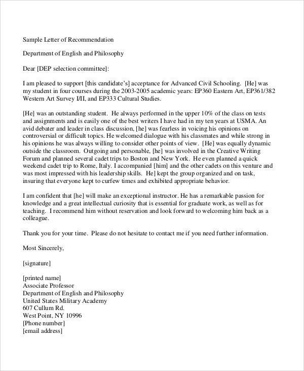 Military Letter Of Recommendation Template 7 Sample Military Re Mendation Letter Samples