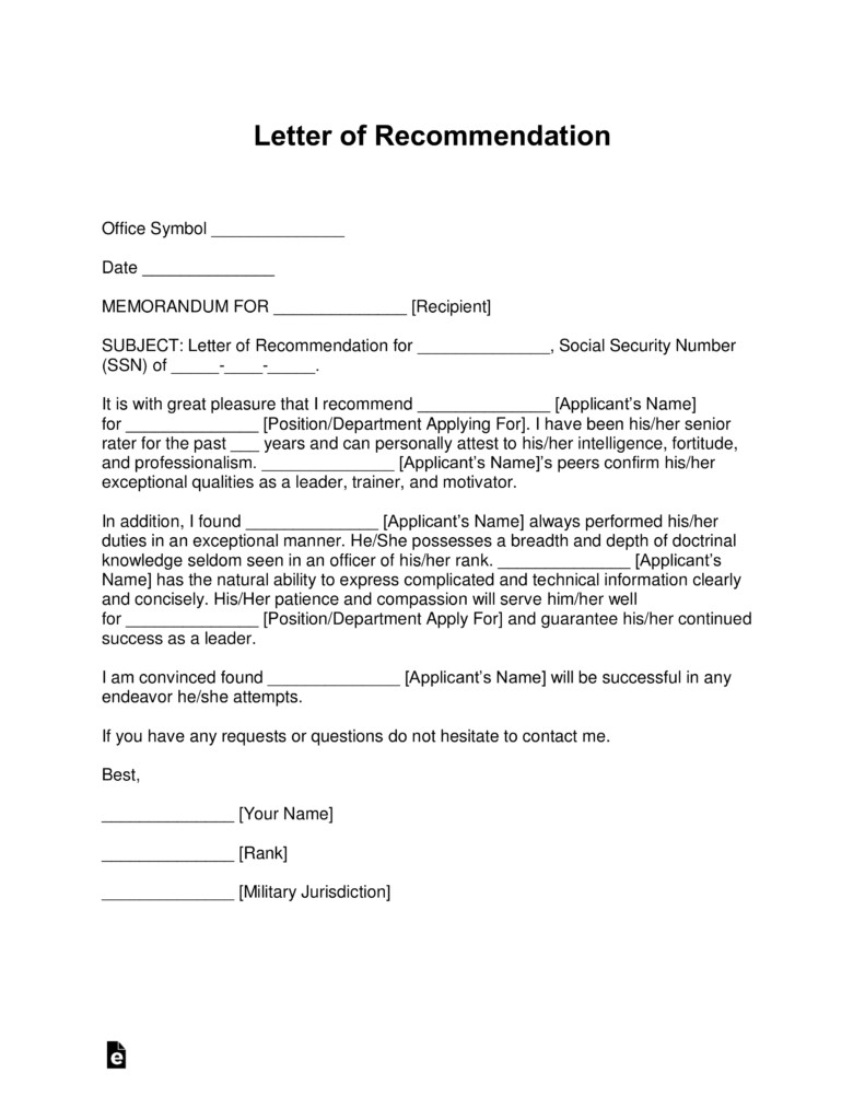 Military Letter Of Recommendation Template Free Military Letter Of Re Mendation Templates Samples