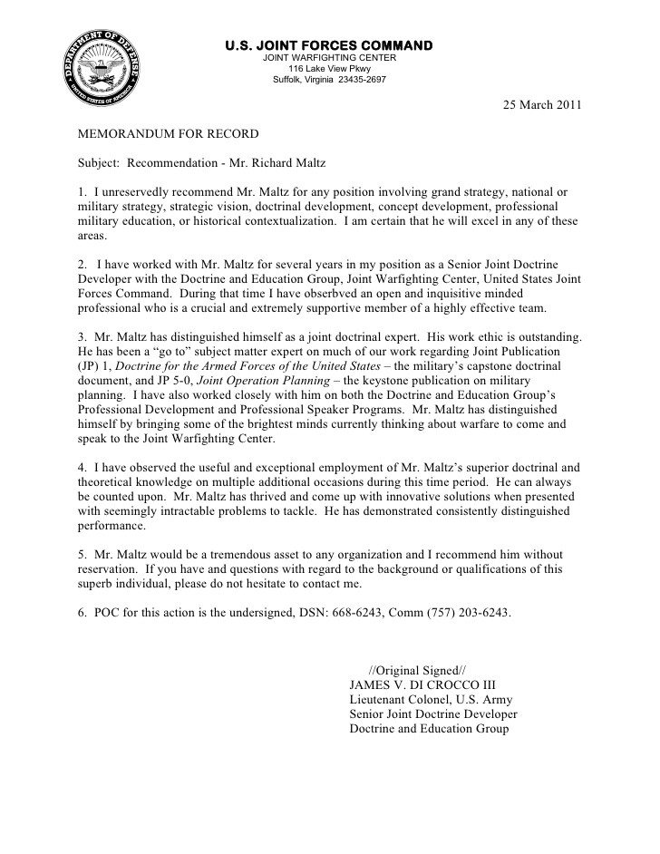 Military Letter Of Recommendation Template Letter Re Mendation Richard Maltz 2011
