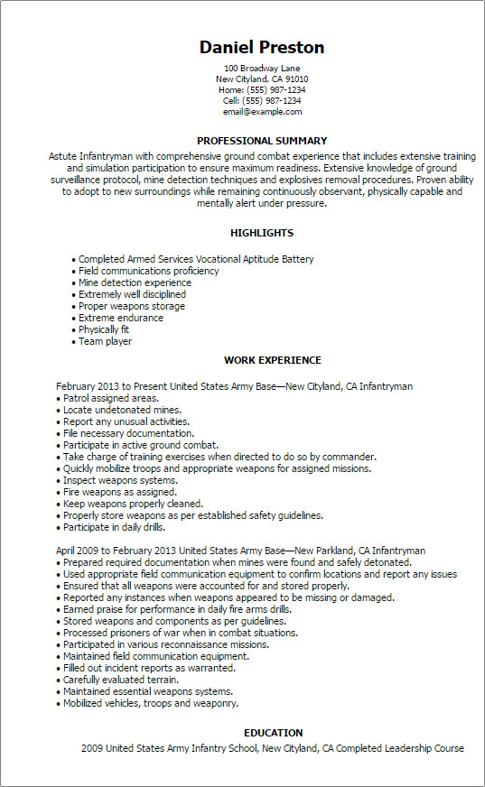Military to Civilian Resume Template Professional Infantryman Templates to Showcase Your Talent
