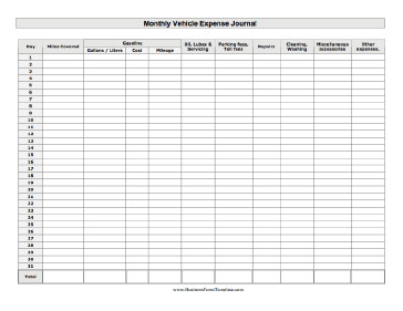 Monthly Business Expense Template Vehicle Expense Journal Monthly Template