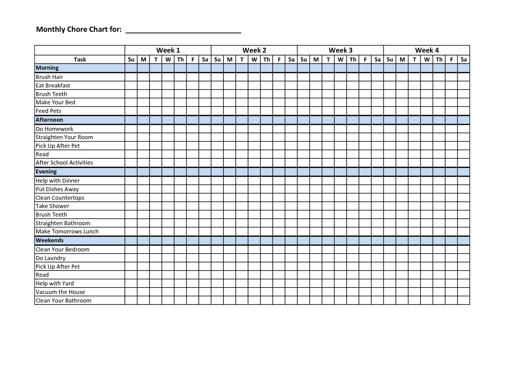 Monthly Chore Chart Template Chore Charts for Multiple Children