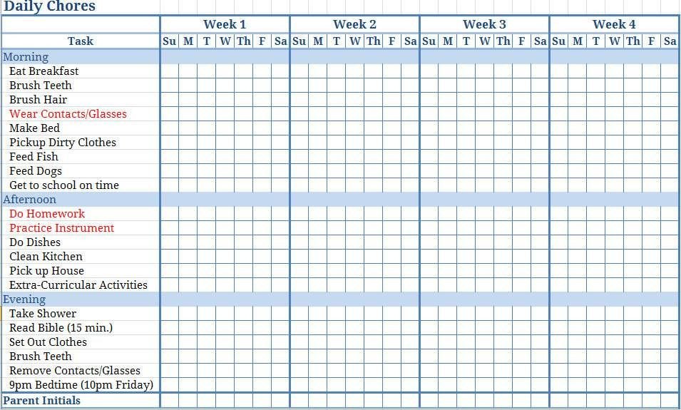 Monthly Chore Chart Template Weekly Planning Calendar Template