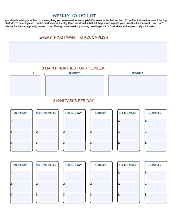 Monthly to Do List Template Sample Weekly to Do List Template 8 Free Documents