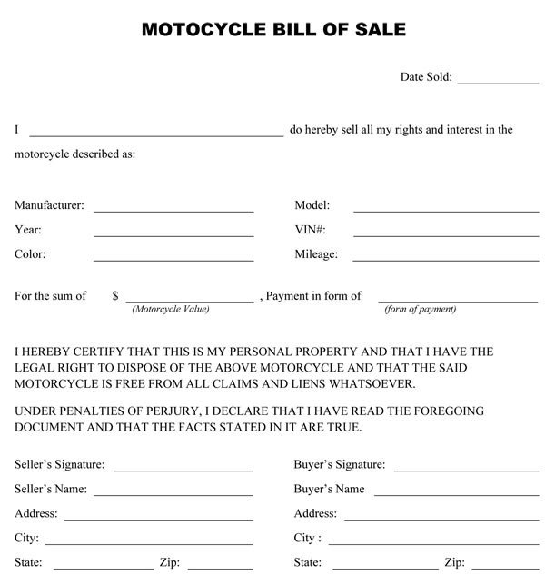 Motorcycle Bill Of Sale Free Printable Motorcycle Bill Of Sale form Generic