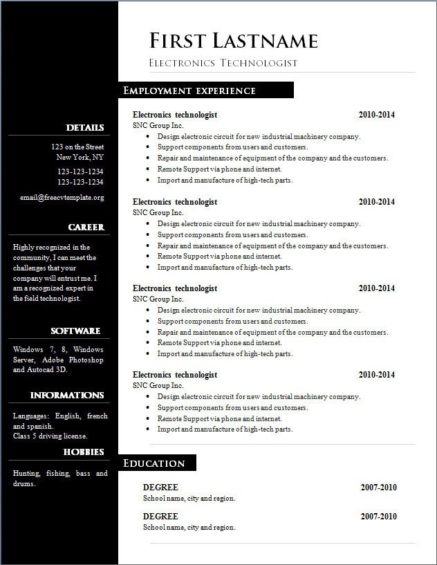 Ms Word Resume Template Download Free Cv Template 303 to 309 – Free Cv Template Dot org