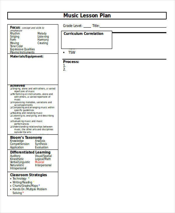Music Lesson Plan Template 32 Sample Plan Templates In Word