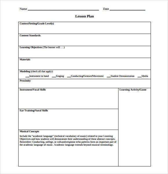 Music Lesson Plan Template Sample Music Lesson Plan Template 9 Free Documents In
