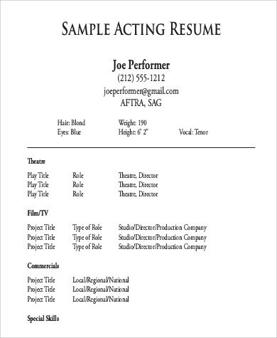 Musical theatre Resume Template Sample theatre Resume 9 Examples In Word Pdf