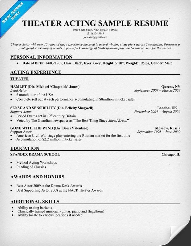 Musical theatre Resume Template theater Acting Resume Example Resume Panion