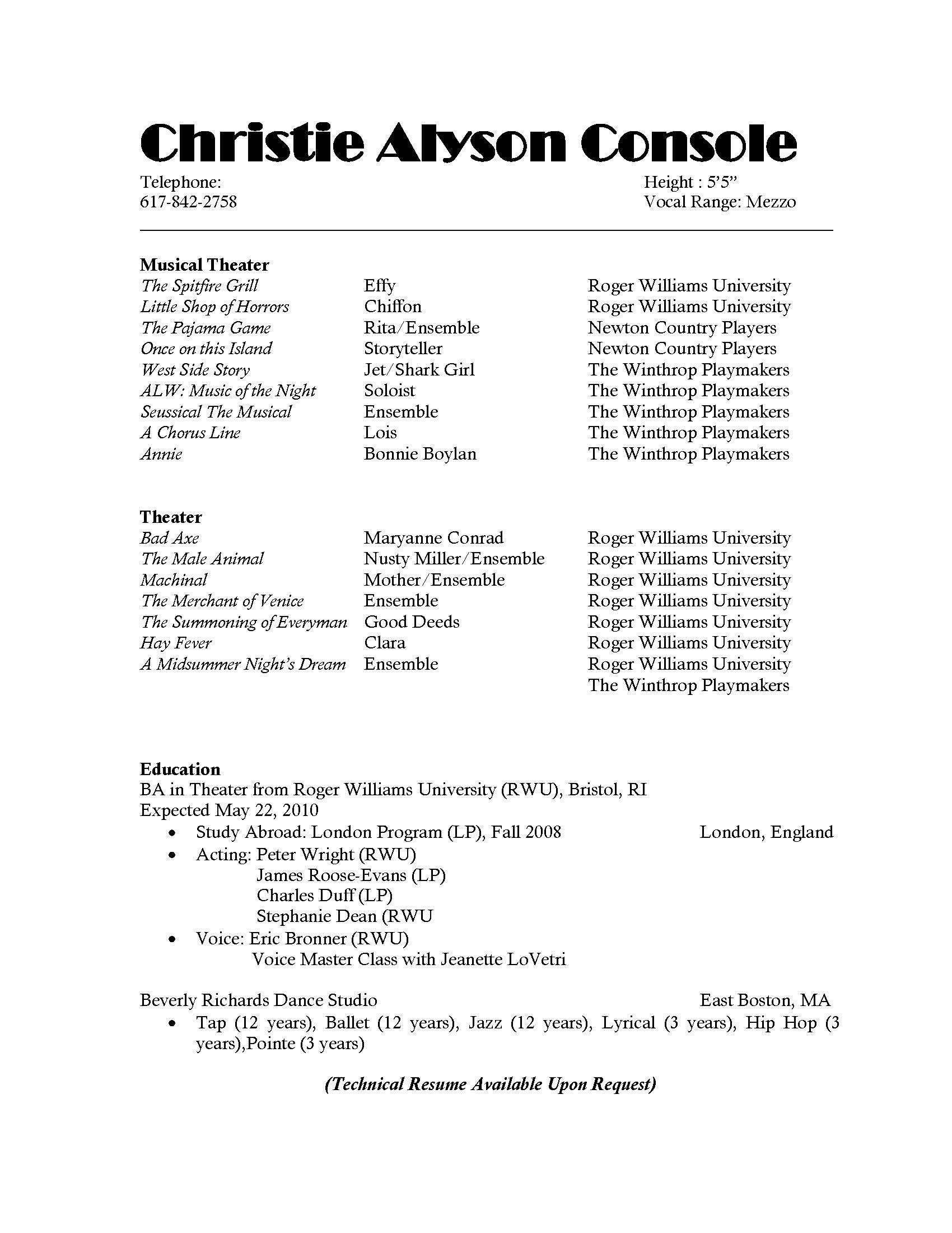 Musical theatre Resume Template theater