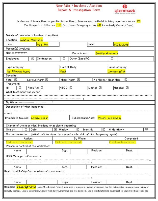 Near Miss Reporting Template Near Miss Incident Accident Report &amp; Investigation form