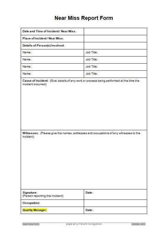 Near Miss Reporting Template Resources Penarth Management Limited