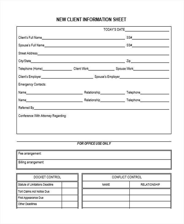 New Client form Template 45 Information Sheet Samples