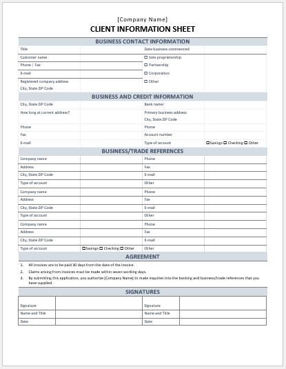 New Client form Template Business format Client Information Sheet