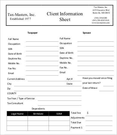 New Client form Template Client Information Sheet Templates 5 Blank Samples
