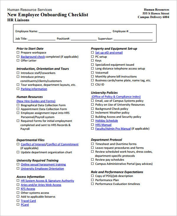 New Employee Onboarding Checklist Template 26 Hr Checklist Templates Free Sample Example format