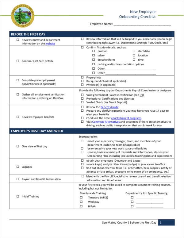 New Employee Onboarding Checklist Template 9 New Hire Checklist Samples & Templates Word Excel Pdf