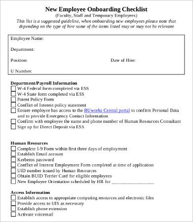 New Employee Onboarding Checklist Template New Employee Checklist Template 18 Free Word Pdf