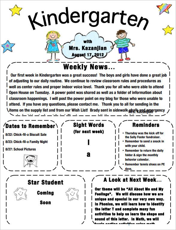 Newsletter Templates for Preschool Sample Kindergarten Newsletter Template 15 Free