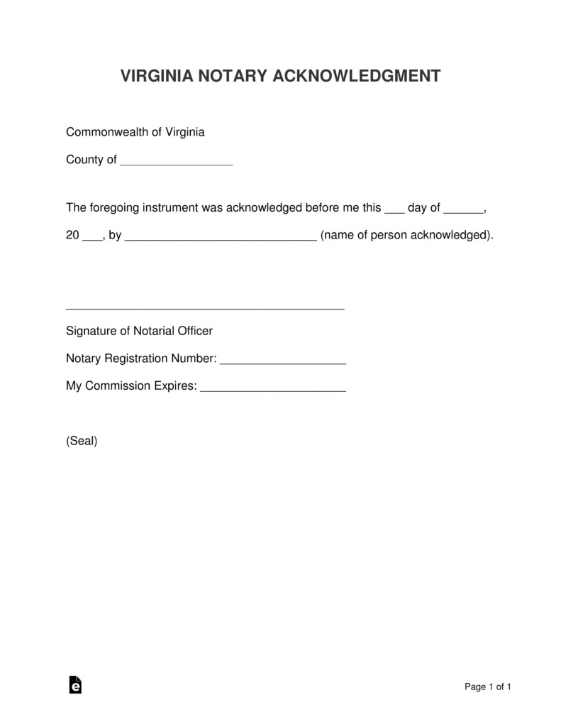 Notary Signature Block Template Free Virginia Notary Acknowledgment form Pdf